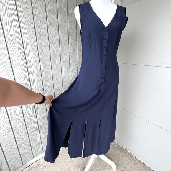 Vintage Dresses & Skirts - VTG 80s 90s Navy Dress Paneled Hem Satin-Lined Minimalist Made in USA, S